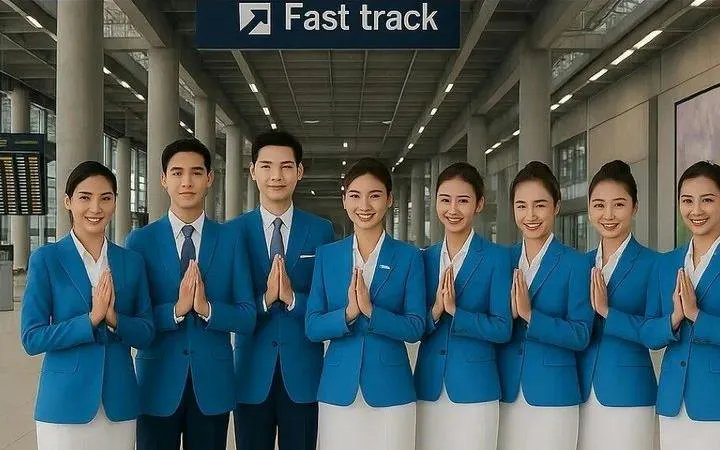 Airport staff in blue uniforms at Phuket Fast-Track Immigration Service area.