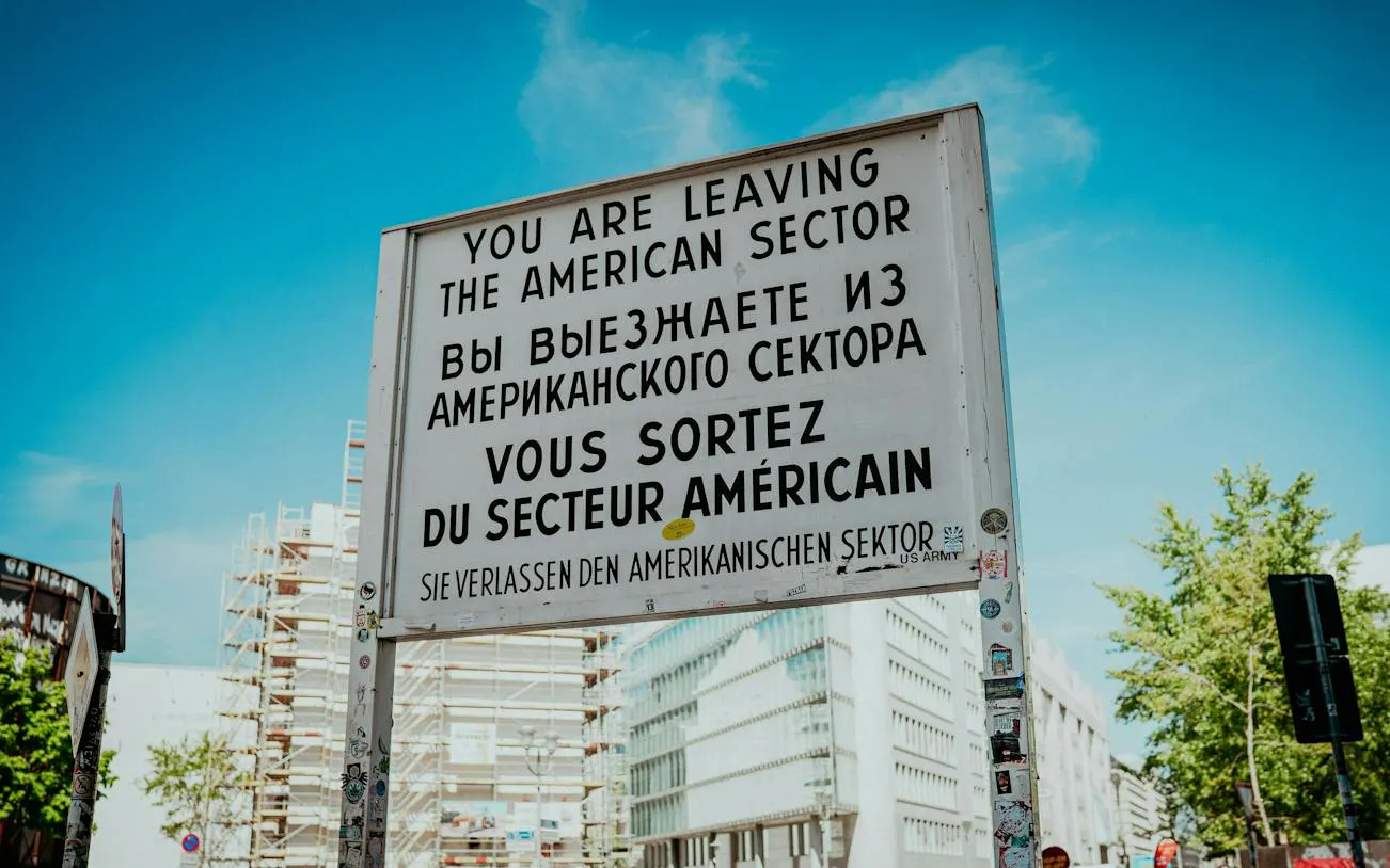 Checkpoint Charlie sign in Berlin, marking the former border crossing between East and West Berlin.