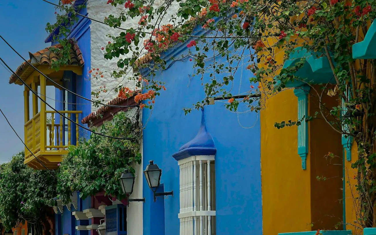 Colorful colonial buildings with flowers in Cartagena Walled City.