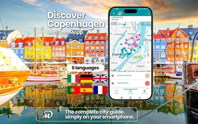 Copenhagen Nyhavn canal with colorful buildings and mobile app for self-guided walking tour.