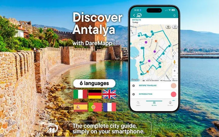 Antalya walking tour app interface with city map and coastline view.