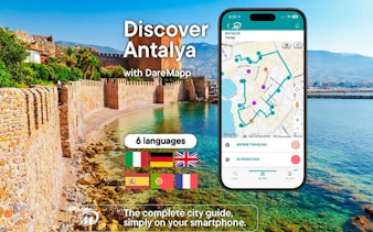 Antalya walking tour app interface with city map and coastline view.