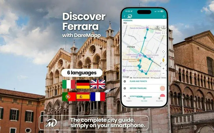 Mobile app displaying Ferrara self-guided audio tour map, with Ferrara Cathedral in the background.