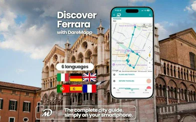 Mobile app displaying Ferrara self-guided audio tour map, with Ferrara Cathedral in the background.