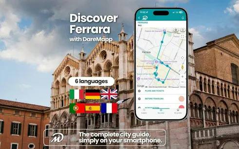 Mobile app displaying Ferrara self-guided audio tour map, with Ferrara Cathedral in the background.