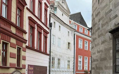 Street view of colorful historic buildings in Cesky Krumlov, Czech Republic.