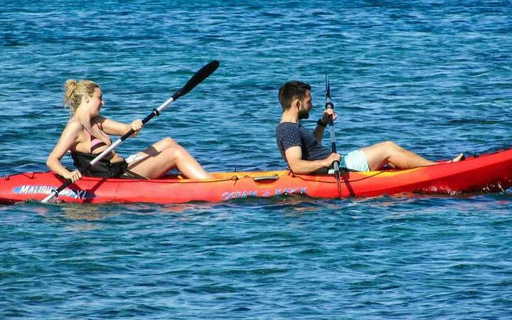 Kayakers paddling through clear waters on Key Largo Mangrove Kayak Adventure, Miami.