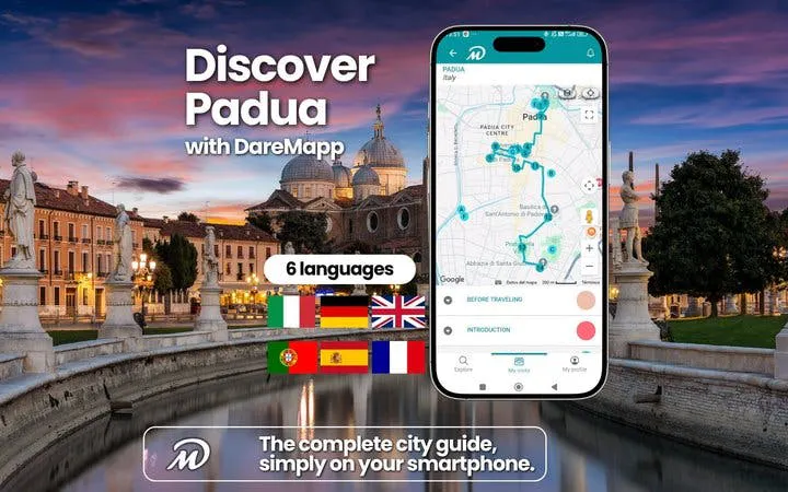 Padua walking tour app interface with city landmarks in background.