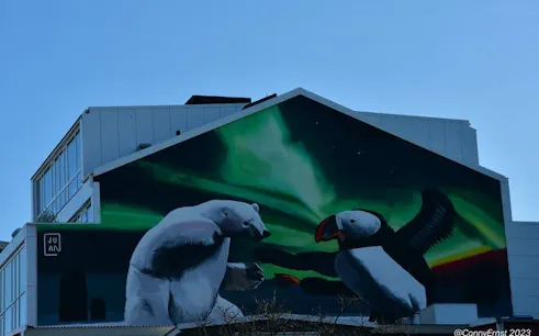 Reykjavik mural of polar bear and puffin under northern lights on a building facade.