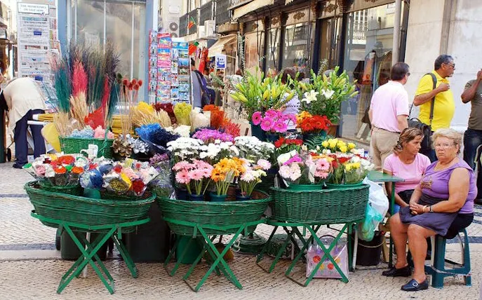 Flower market stall on a Lisbon street during a private historical city tour.