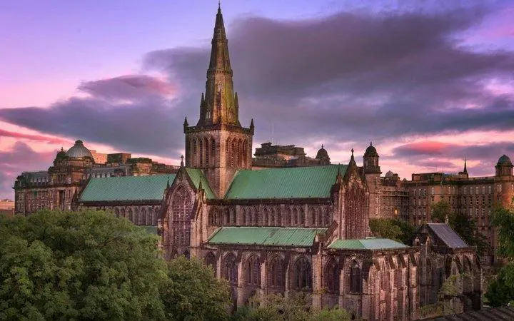Glasgow Cathedral at sunset during self-guided walking tour.