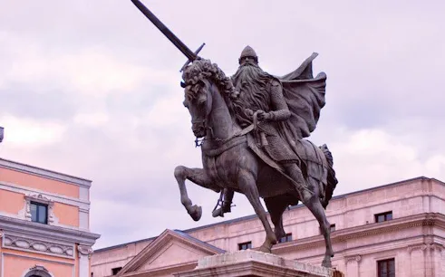Equestrian statue of El Cid in Burgos, Spain, featured on self-guided walking tour app.