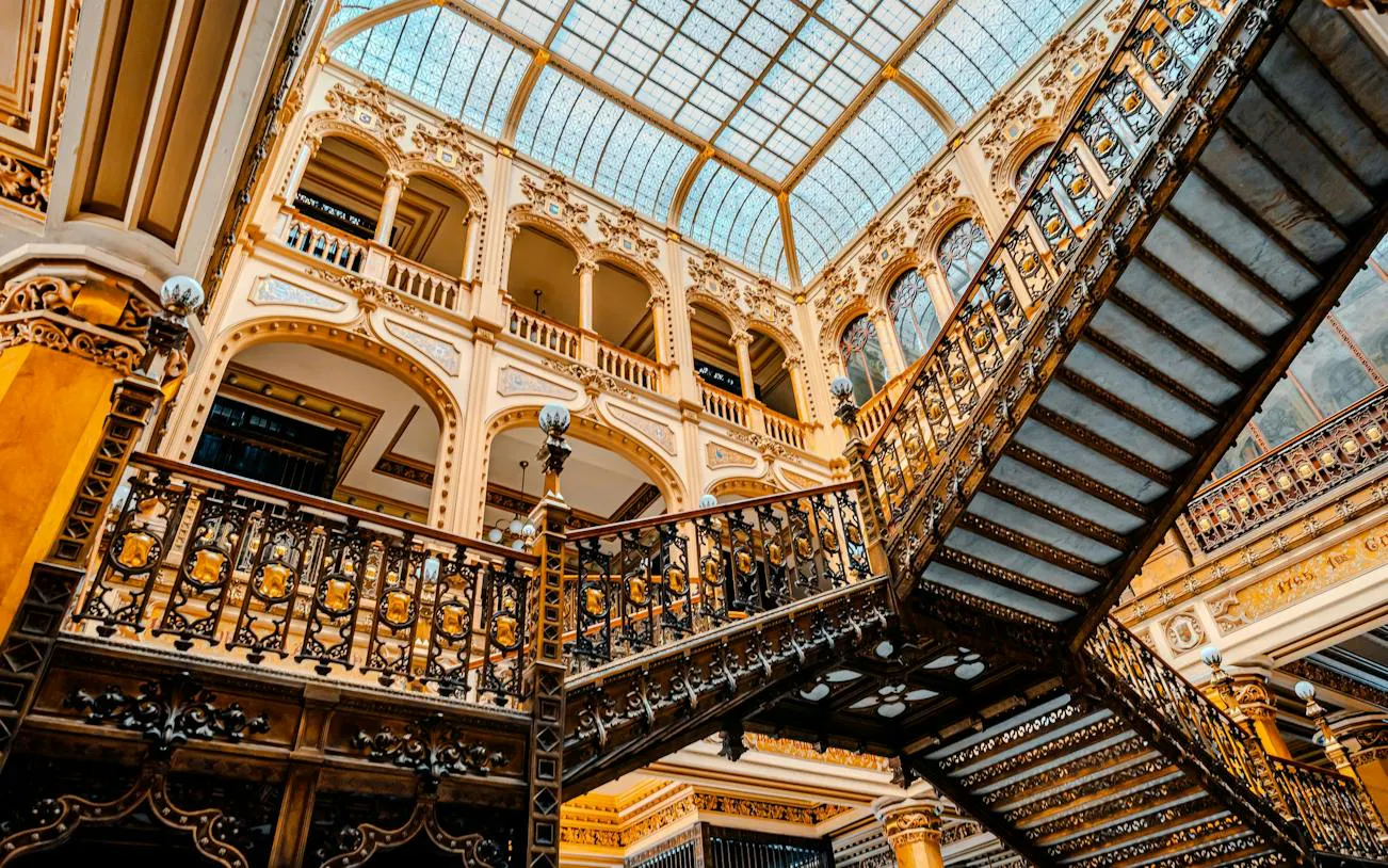 Ornate staircase and balconies in Porto's historic center, Portugal.