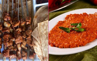 Skewered kebabs and spicy lentil dish on Turkish cuisine tour in Eastern Turkey.