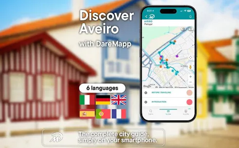 Aveiro walking tour app displayed on smartphone with colorful houses in background.