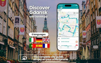 Self-guided audio walking tour map of Gdansk on mobile app with multilingual options.