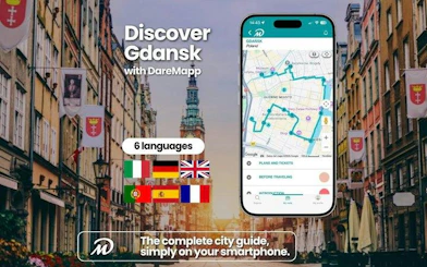 Self-guided audio walking tour map of Gdansk on mobile app with multilingual options.