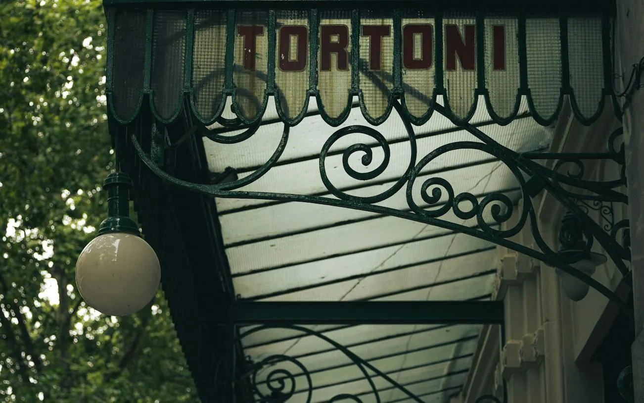 Café Tortoni entrance canopy with ornate ironwork, Buenos Aires.