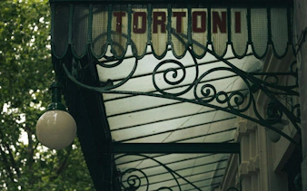 Café Tortoni entrance canopy with ornate ironwork, Buenos Aires.