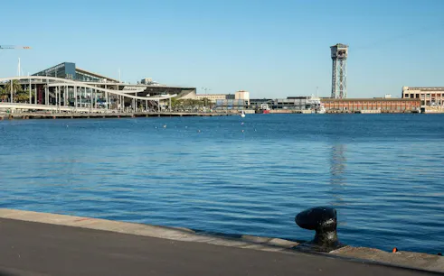 Barcelona Port Vell with Maremagnum shopping center and cable car tower in the background.