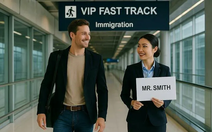 VIP fast-track immigration service at Phuket Airport with a greeter holding a sign.