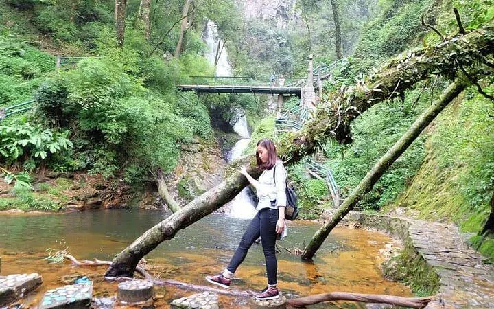 Visitor exploring Love Waterfall area in Sapa with lush greenery and a scenic bridge.