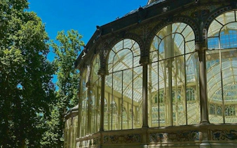 Glass pavilion at Real Jardín Botánico, Madrid, surrounded by trees under a clear blue sky.