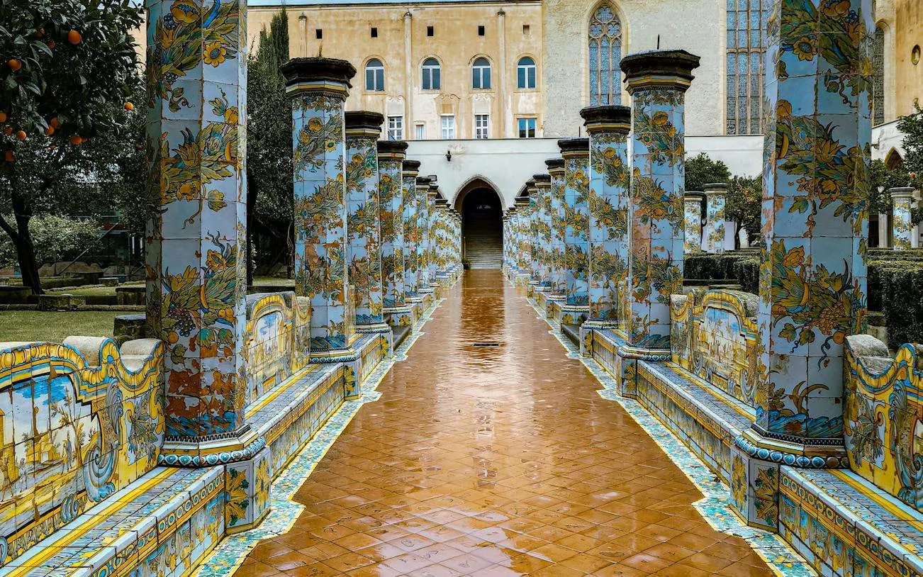 Decorative tiled columns in the cloister of Santa Chiara Monastery, Naples.