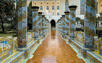 Decorative tiled columns in the cloister of Santa Chiara Monastery, Naples.