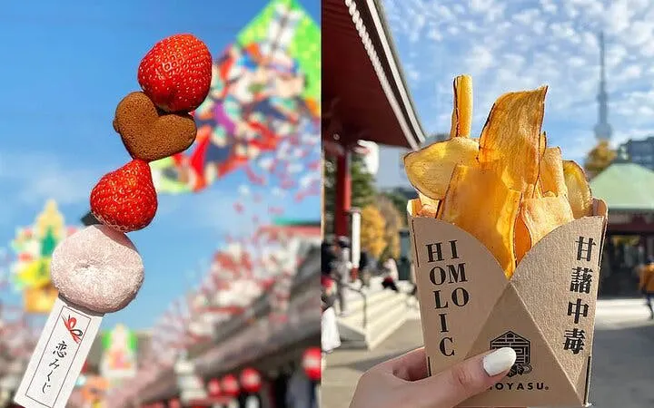 Street food skewers and chips in Asakusa with Senso-ji Temple in the background, Tokyo.