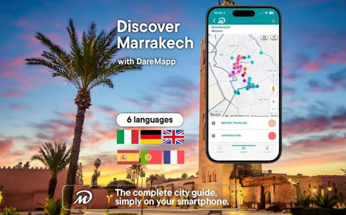 Marrakech walking tour app interface with map, available in six languages, palm trees at sunset.