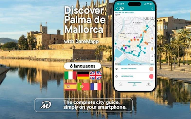 Palma de Mallorca walking tour app with map and cathedral view.