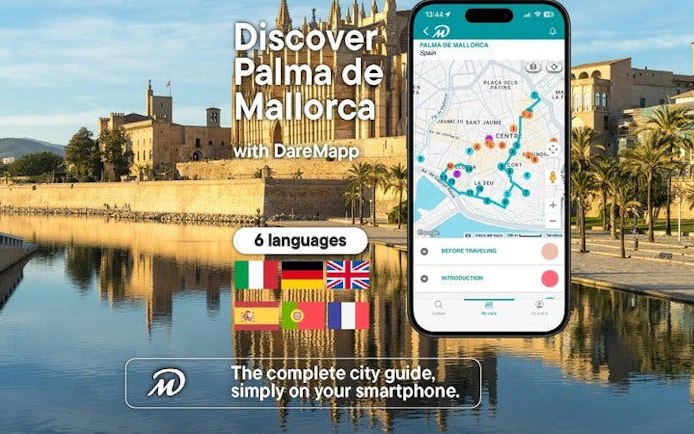 Palma de Mallorca walking tour app with map and cathedral view.