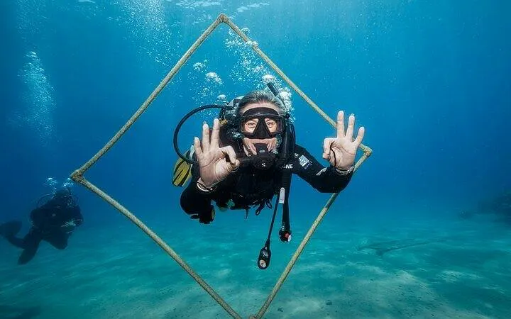 Diver exploring underwater frame at Tiran Island, Sharm El Sheikh.