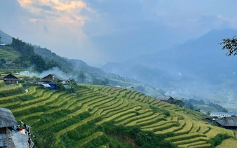 Terraced rice fields in Sapa with misty mountains, part of a private 2-day car tour with homestay in Ta Van.