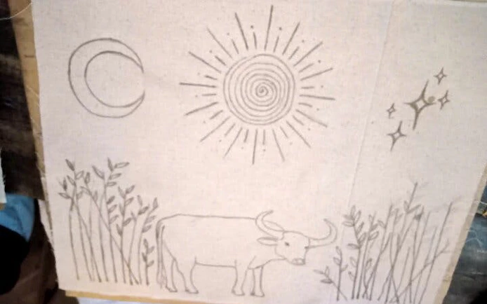 Batik design featuring a buffalo, sun, moon, and stars created by Hmong artisans in Ta Van.