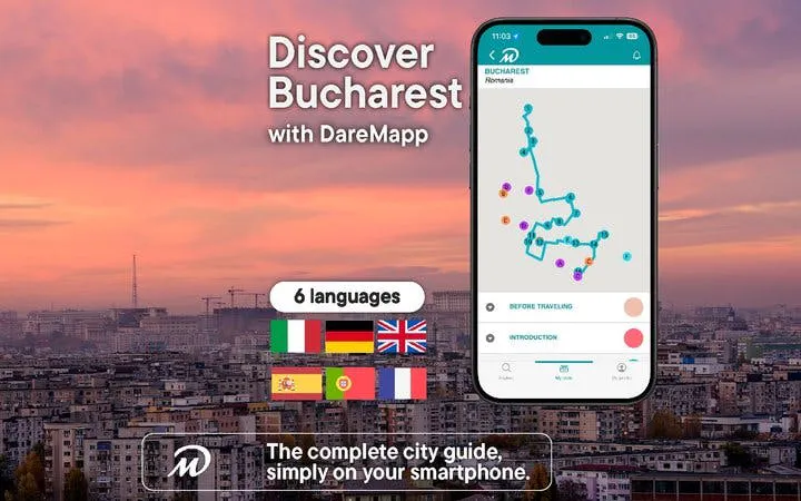 Bucharest cityscape with mobile app interface for self-guided walking tour in six languages.