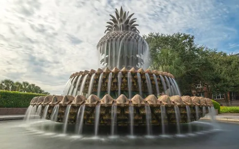 Pineapple Fountain in Charleston's Waterfront Park during self-guided city exploration game.