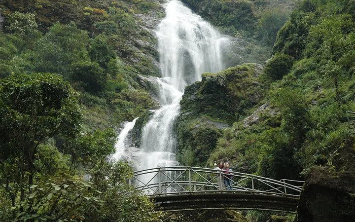 Silver Waterfall cascading behind a bridge surrounded by lush greenery.