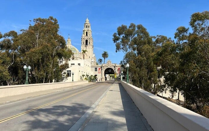 Balboa Park tower and bridge in San Diego during self-guided city exploration game.