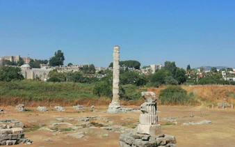 Temple of Artemis ruins with a single column standing, Selçuk, Turkey.