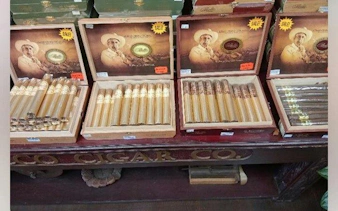 Cigar boxes displayed in a shop during Little Havana Walking Tour, Miami.