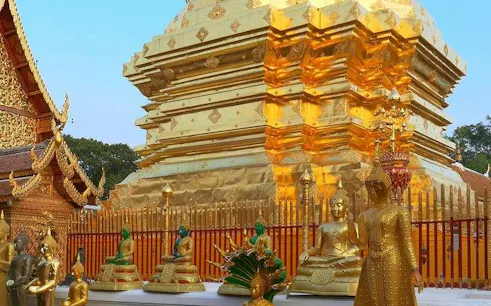 Golden stupa and Buddha statues at Doi Suthep Temple, Chiang Mai.