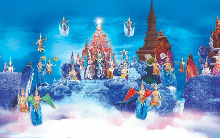 Siam Niramit Phuket show with performers in traditional costumes on a vibrant stage, Phuket.