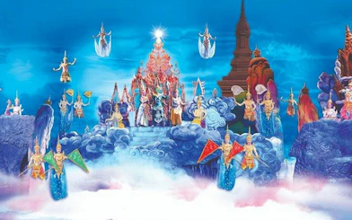 Siam Niramit Phuket show with performers in traditional costumes on a vibrant stage, Phuket.