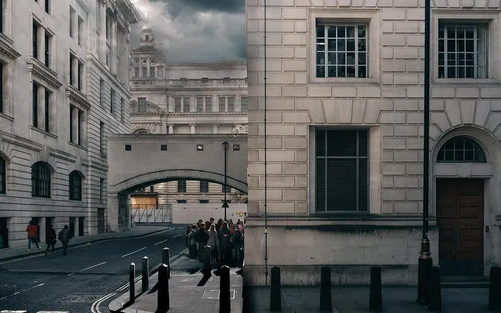 Group touring Harry Potter filming location in London street.
