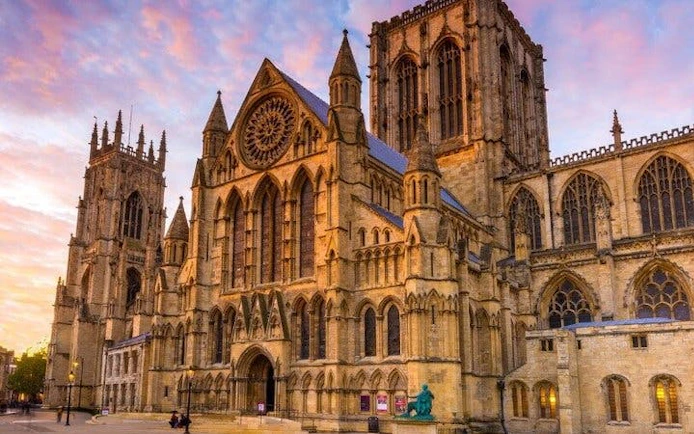 York Minster cathedral exterior during sunset on self-guided walking tour.