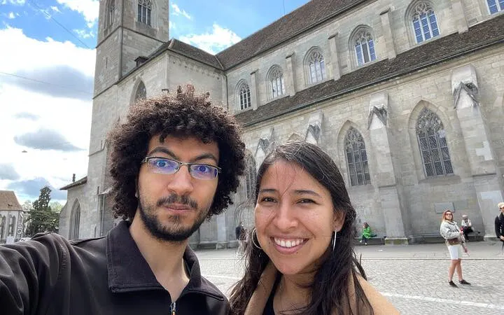 Zurich city exploration game participants in front of Grossmünster church.
