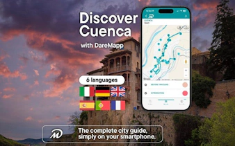 Cuenca self-guided walking tour app interface with city map and language options