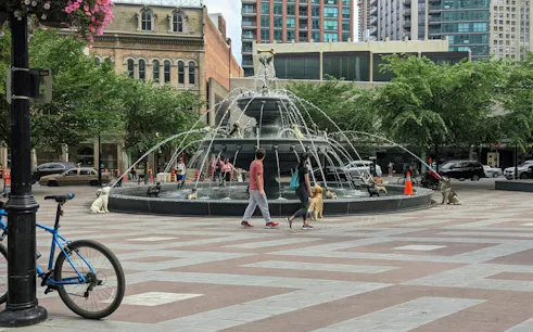Fountain with dog sculptures in Berczy Park, Toronto, part of Old Town self-guided audio walk.